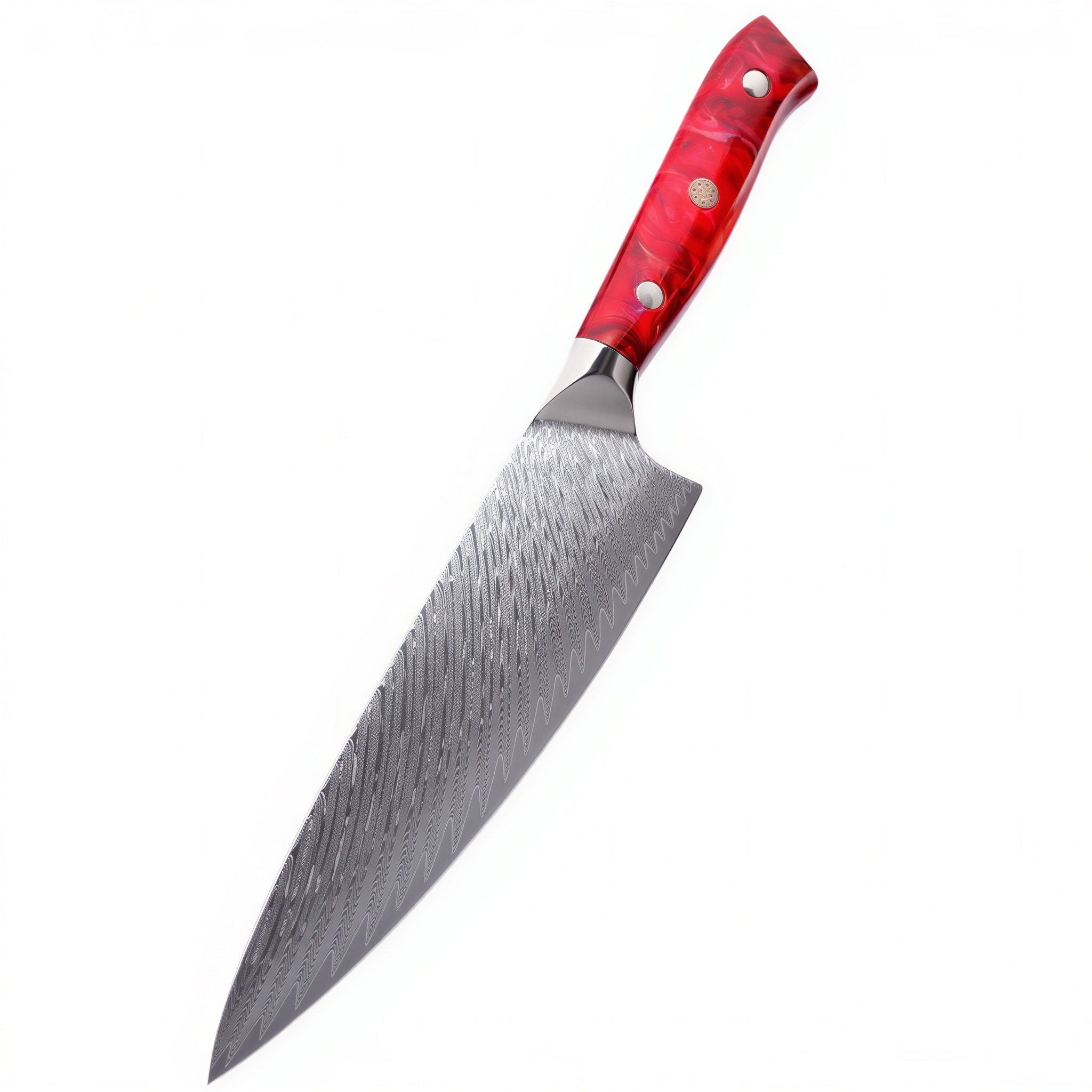 Couteau japonais de chef Ipso Hira - Lame 205 mm acier Damas 67 couches VG10 - Manche résine marbrée rouge