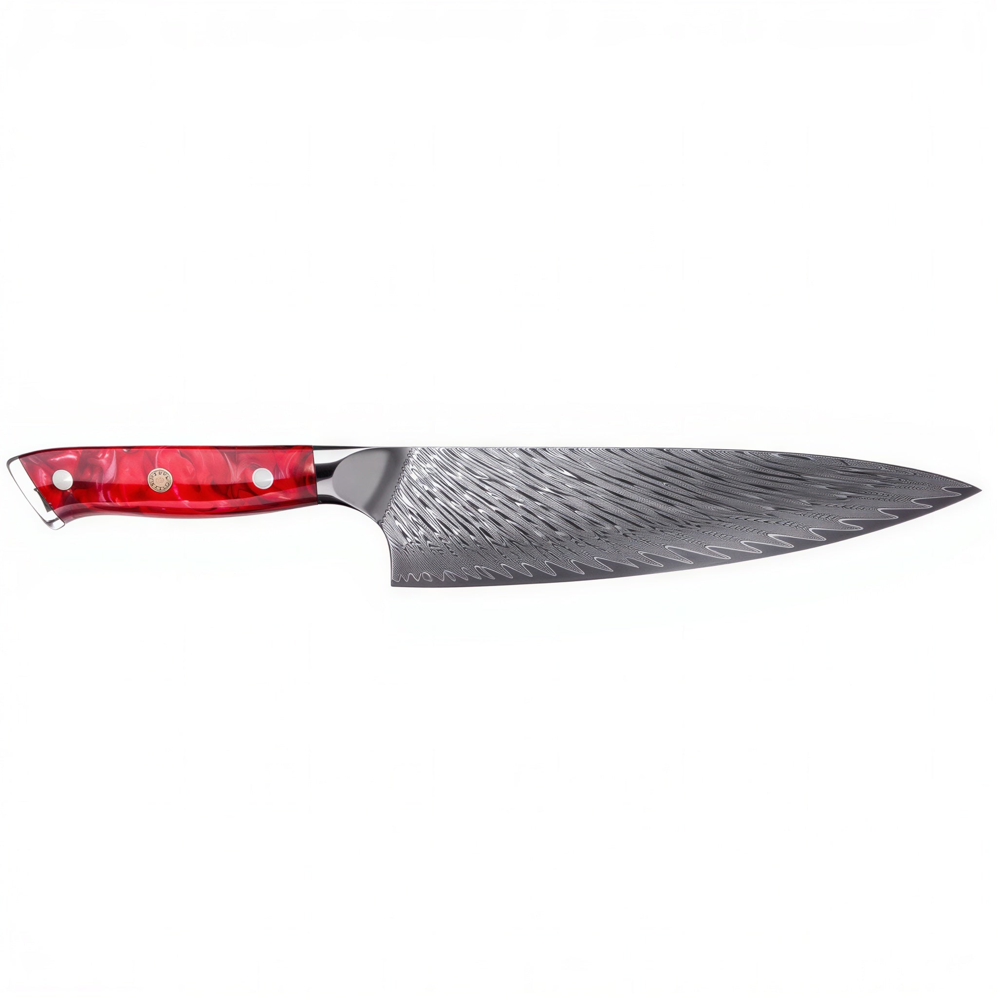 Couteau japonais de chef Ipso Hira - Lame 205 mm acier Damas 67 couches VG10 - Manche résine marbrée rouge