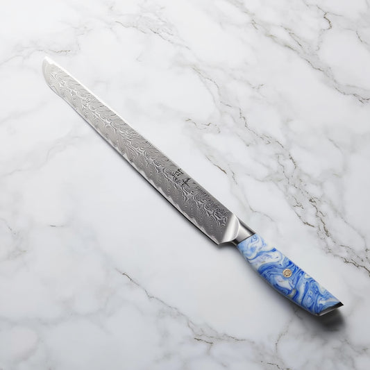 IPSO Noxen Couteau Japonais – Lame Damas 9” – Manche Résine Bleu Porcelaine